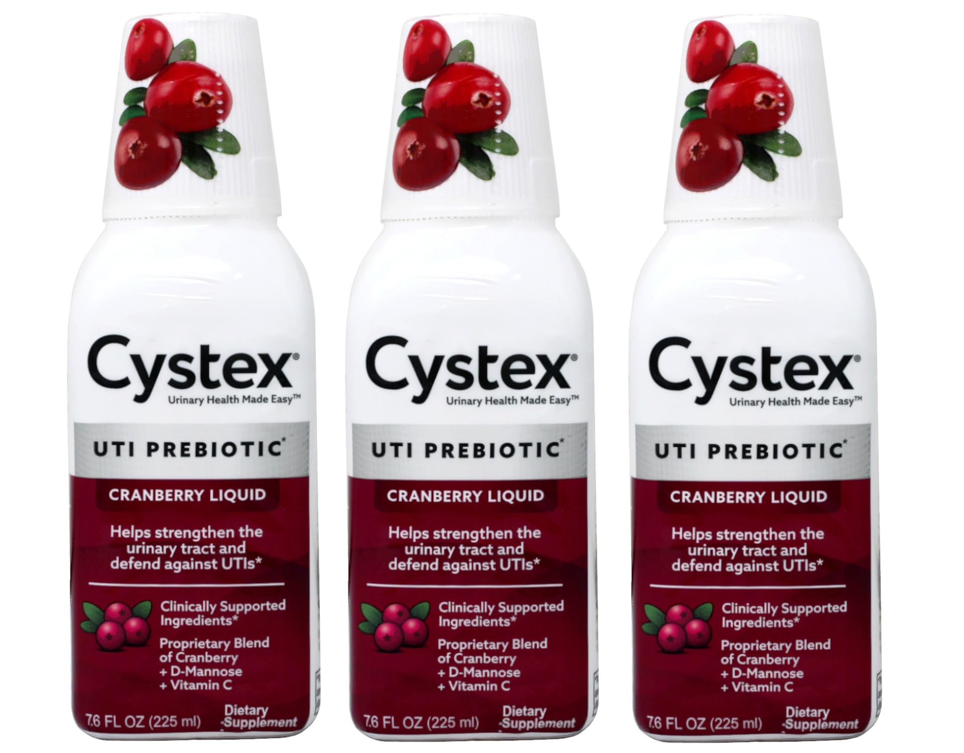 Cystex cranberry liquid bottle front view, supporting urinary health