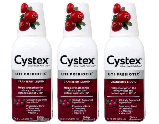 Cystex cranberry liquid bottle front view, supporting urinary health