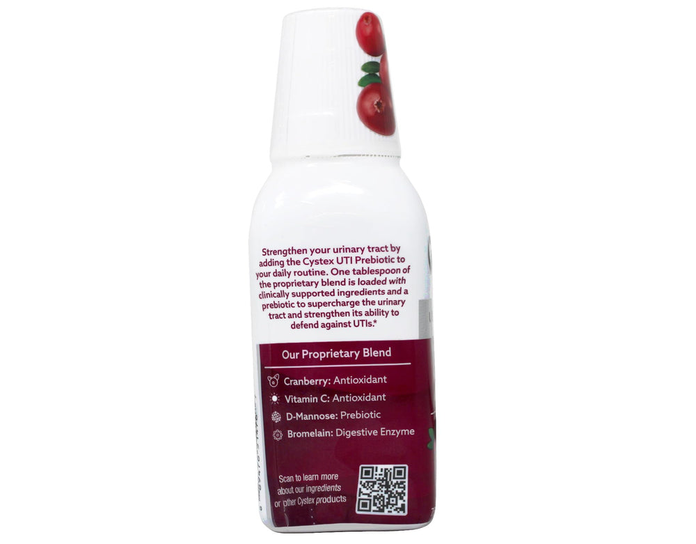 Cystex ingredients diagram with cranberry concentrate and D-Mannose for urinary health
