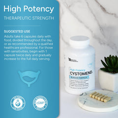 Visual showing a 6-capsule serving from CystoMend for daily use.