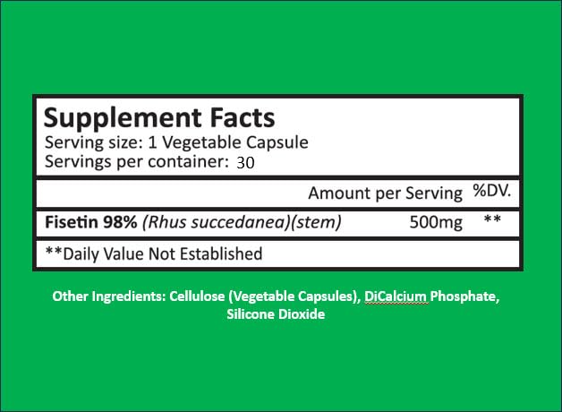 CYTOLYFE Fisetin capsules close-up emphasizing 500 mg daily dose for wellness
