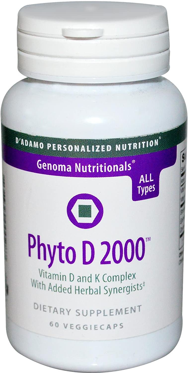 D'Adamo Phyto D 2000 bottle and capsules for bone support and immune health.