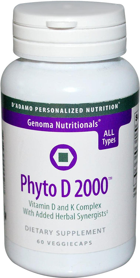 D'Adamo Phyto D 2000 bottle and capsules for bone support and immune health.