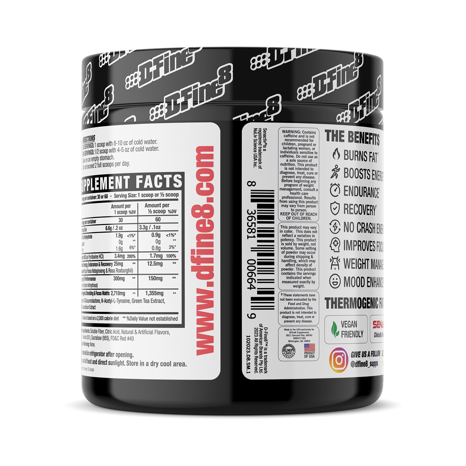 D-Fine8 sugar-free pre-workout powder container emphasizes metabolism-boosting blend.