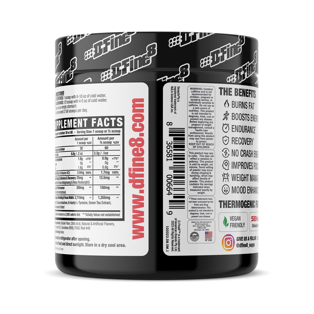 D-Fine8 sugar-free pre-workout powder container emphasizes metabolism-boosting blend.