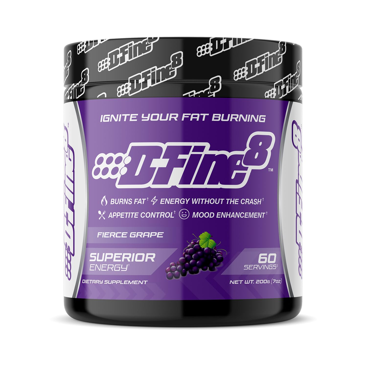 D-Fine8 bottle displaying fierce grape flavor for quick pre-workout energy