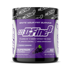 D-Fine8 bottle displaying fierce grape flavor for quick pre-workout energy