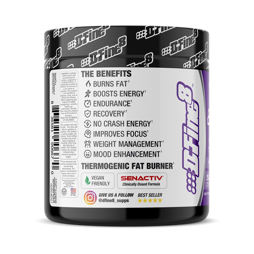D-Fine8 label highlights ingredients like Senactiv and caffeine for endurance