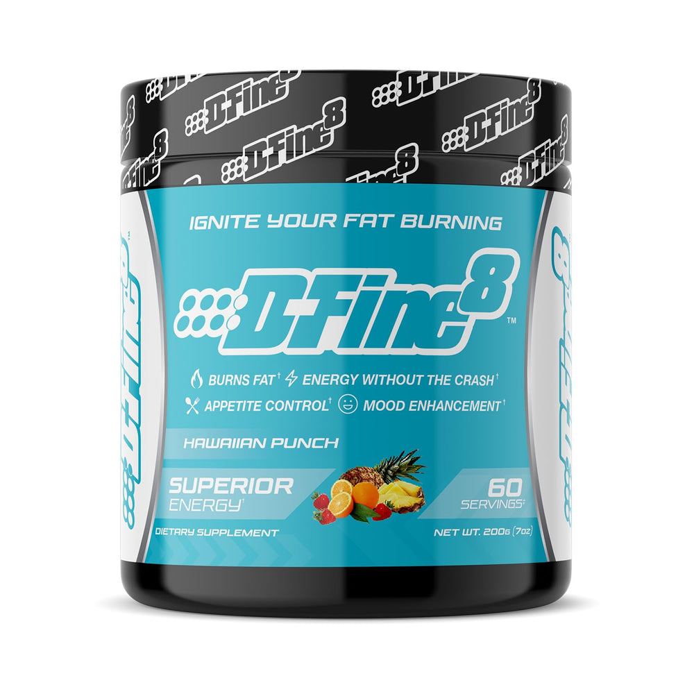 D-Fine8 thermogenic pre-workout powder jar boosts energy and focus for intense sessions
