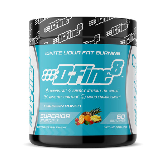 D-Fine8 thermogenic pre-workout powder jar boosts energy and focus for intense sessions