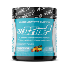 D-Fine8 thermogenic pre-workout powder jar boosts energy and focus for intense sessions