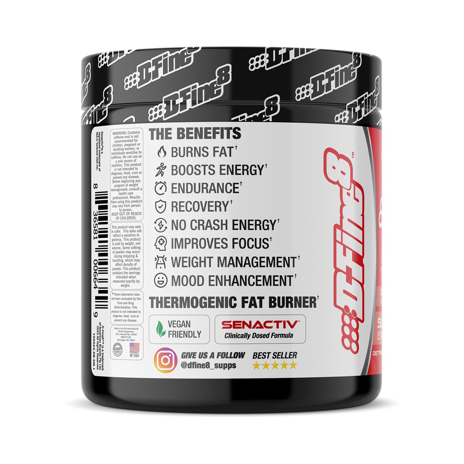 D-Fine8 Strawberry Mango label highlights sugar-free energy for workouts.