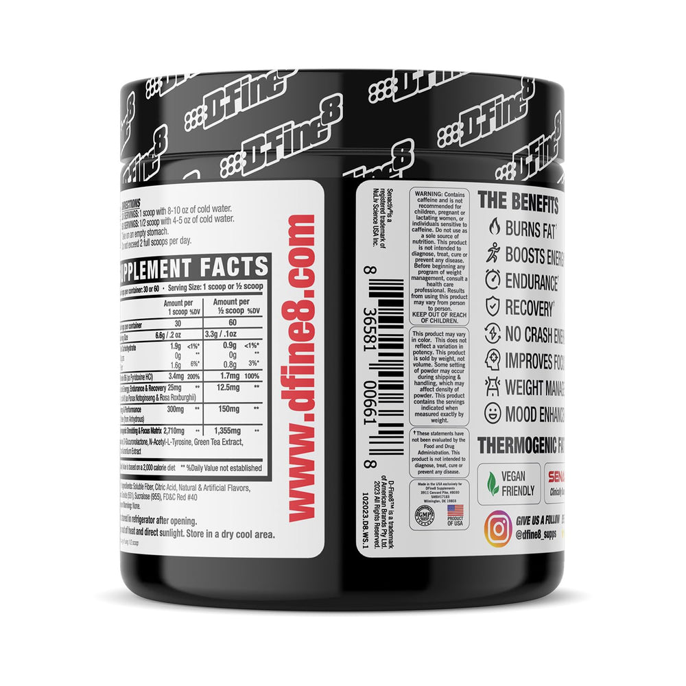 D-Fine8 serving ready mix showing mood-boosting pre-workout energy