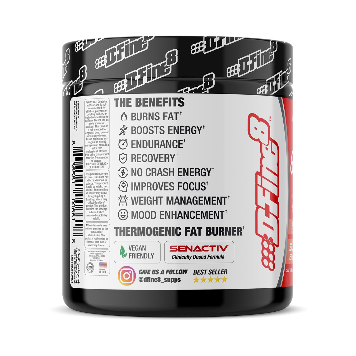 D-Fine8 tub label highlighting caffeine and Senactiv for heightened alertness