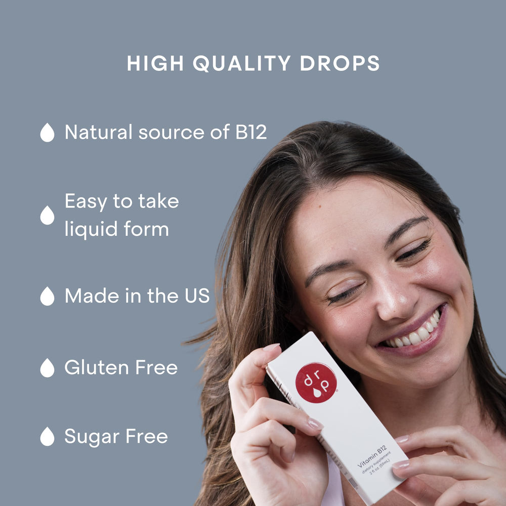 D R P Vitamin B12 bottle on kitchen counter with nutrition label.