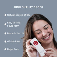 D R P Vitamin B12 bottle on kitchen counter with nutrition label.