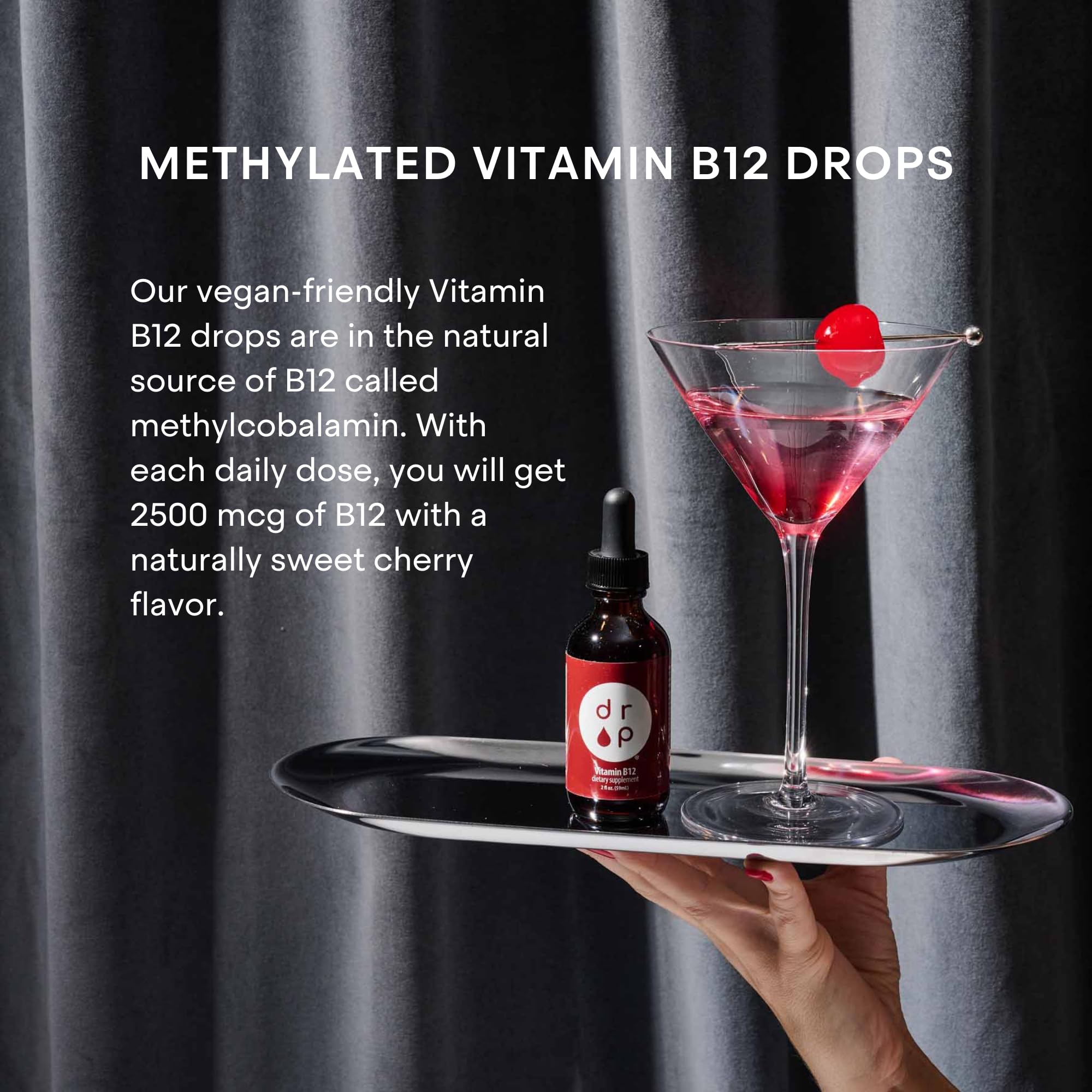 D R P drops added to water for easy daily intake.