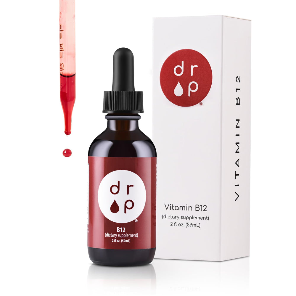 D R P Vitamin B12 liquid drops bottle promotes energy support.