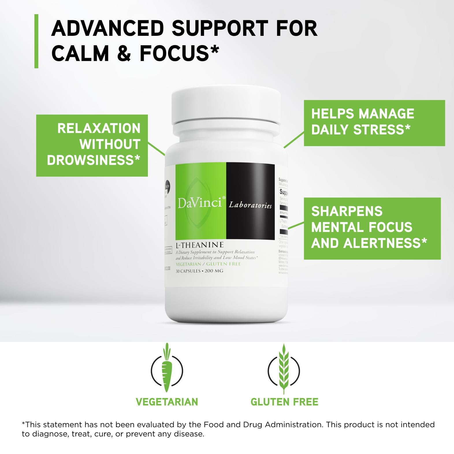 DaVinci L-Theanine label highlights Suntheanine and premium ingredients.