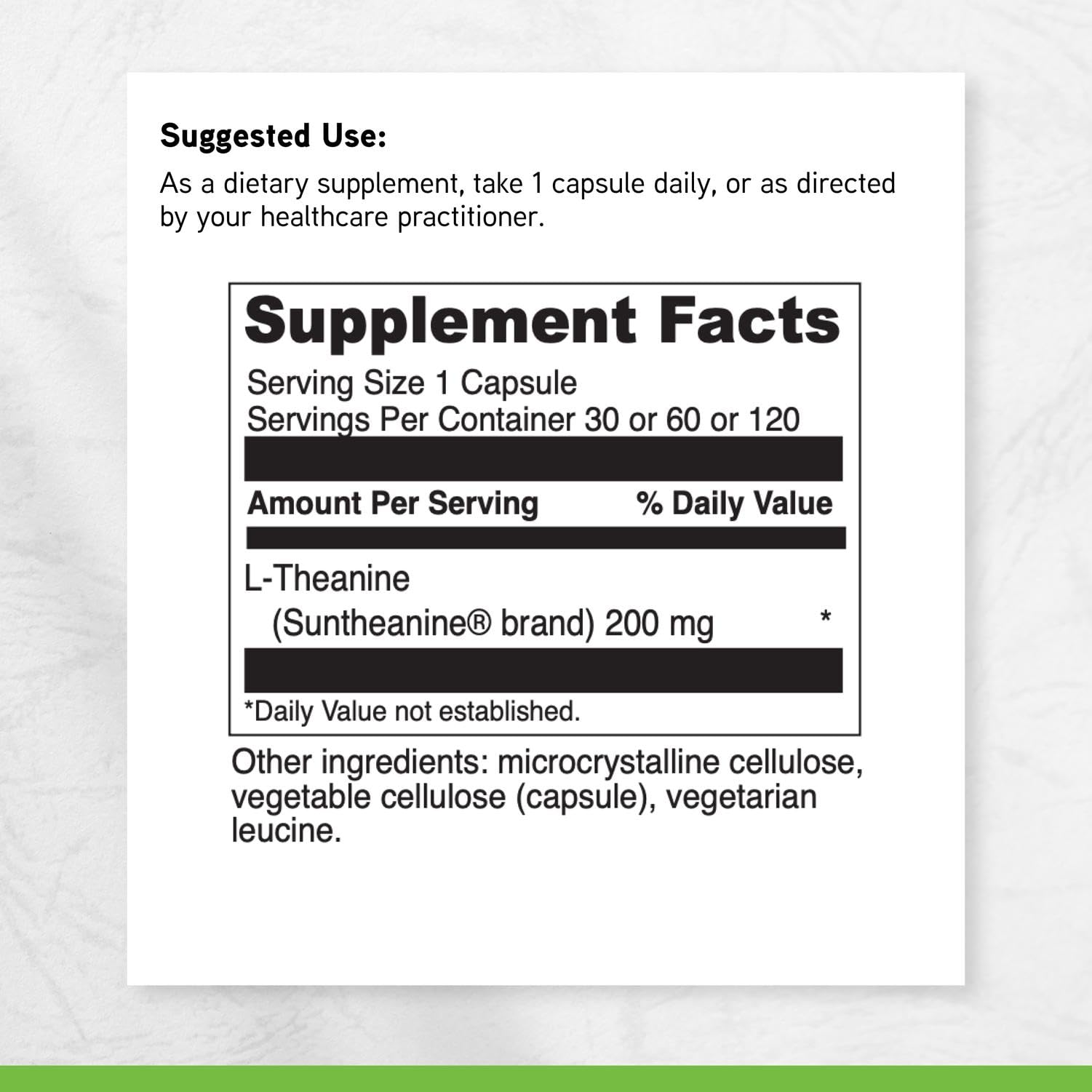 Quality Suntheanine derived L-Theanine for calming focus.