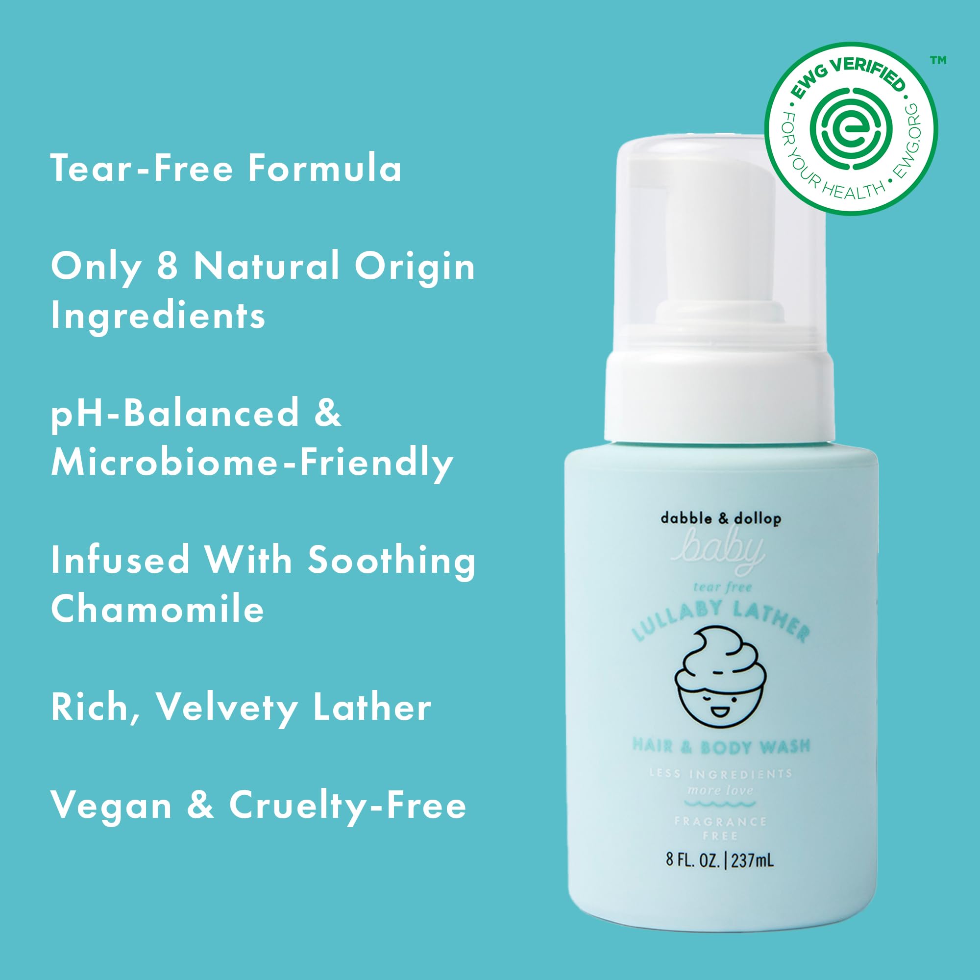 Dabble & Dollop Lullaby Lather fragrance-free formula supports comfortable skin.