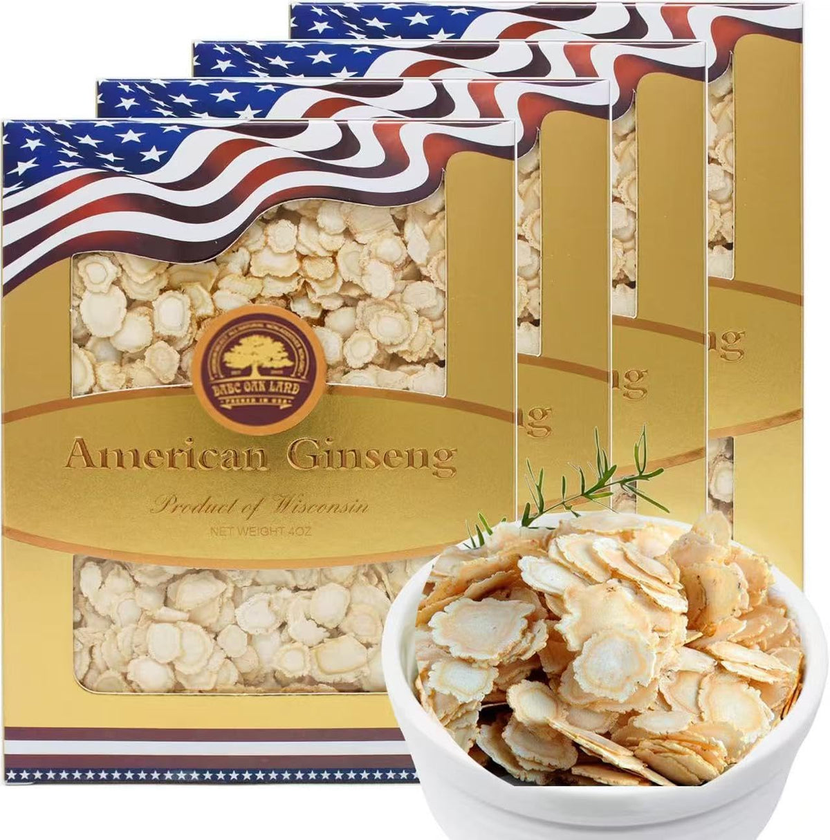 DABC OAK LAND Wisconsin ginseng slices box front showing four-box bundle