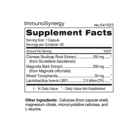 D'Adamo ImmunoSynergy bottle back showing ingredients for probiotic synergy.