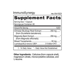 D'Adamo ImmunoSynergy bottle back showing ingredients for probiotic synergy.