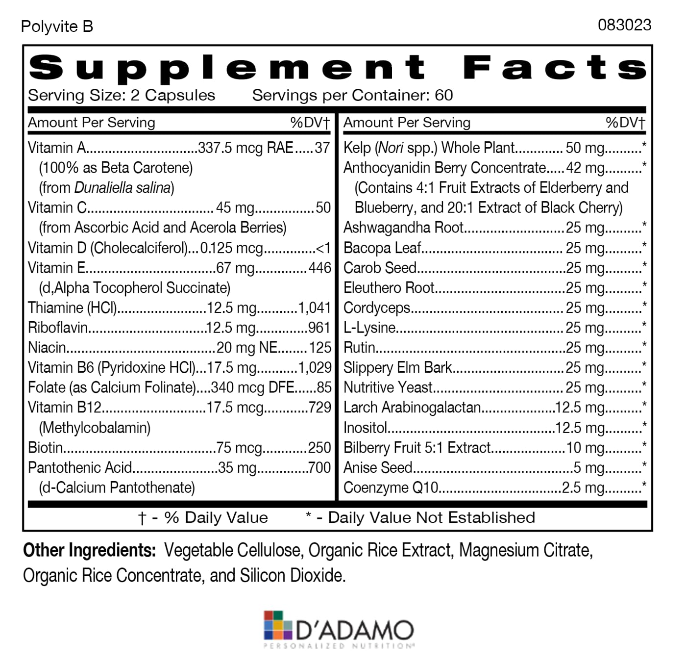 D'Adamo Polyvite bottle highlighting immune and neurovascular support for Blood Type B