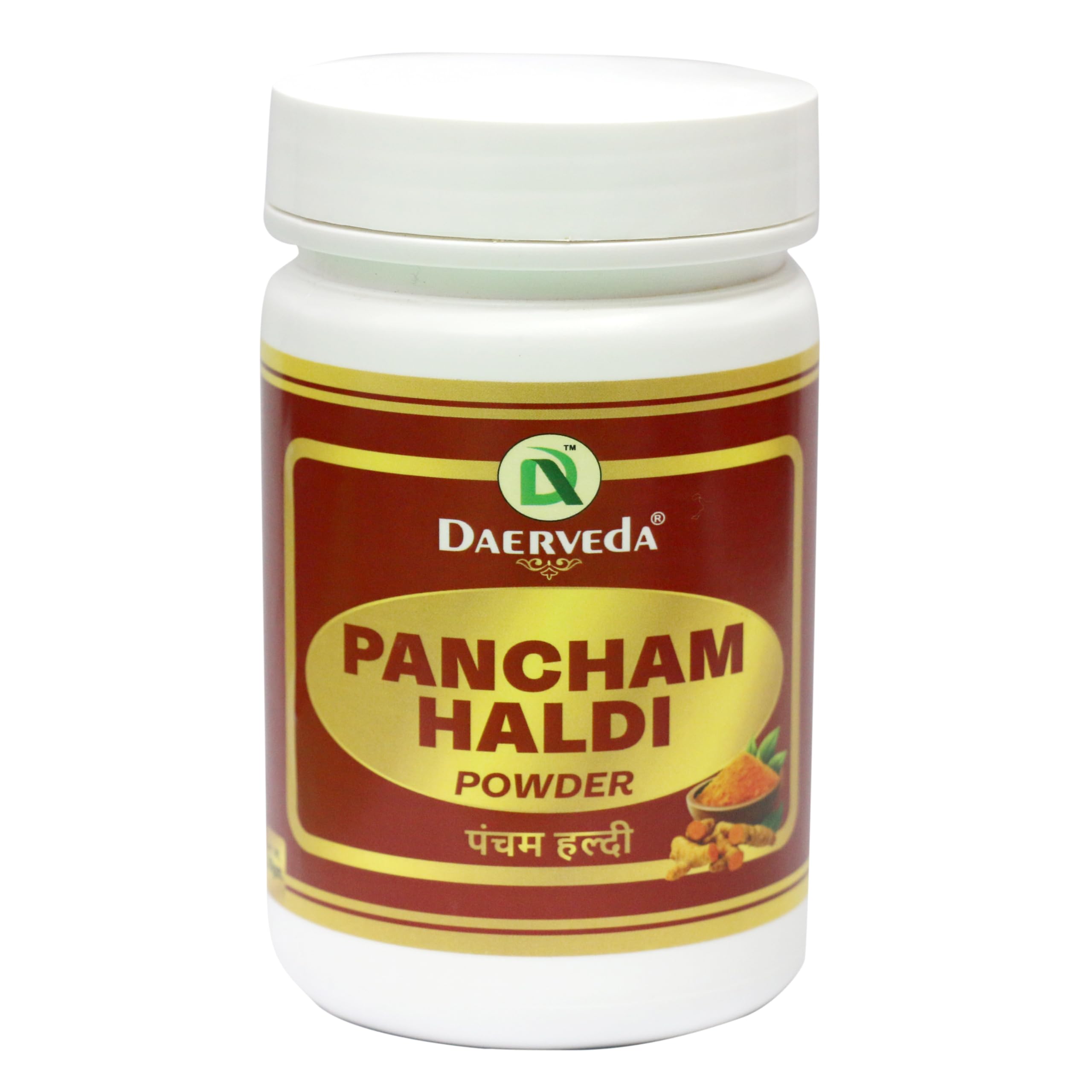 Daerveda Pancham Haldi powder packaging shows premium turmeric blend for daily use.