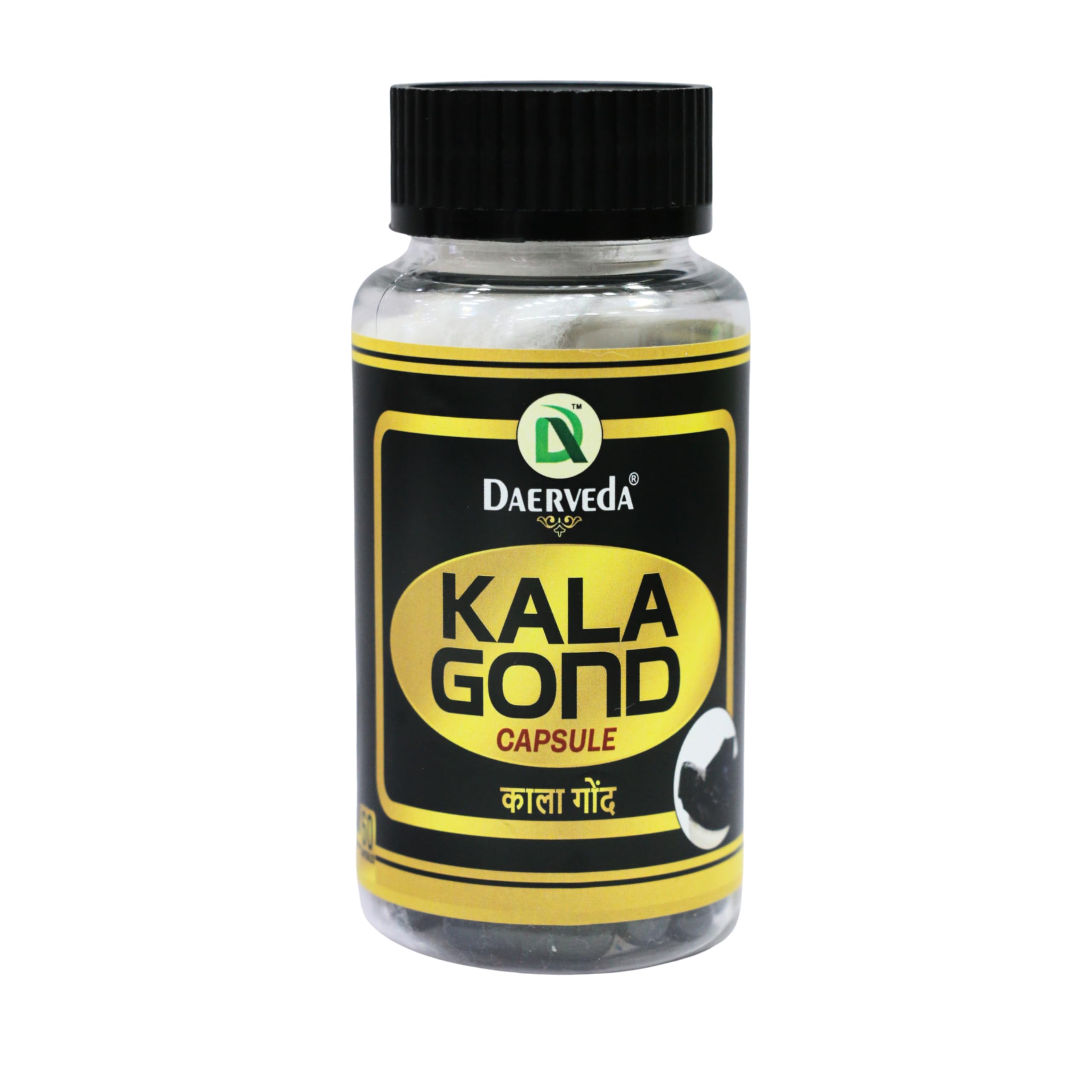 Daerveda Kala Gond Capsule bottle front shows pure Ayurvedic formula for daily use.