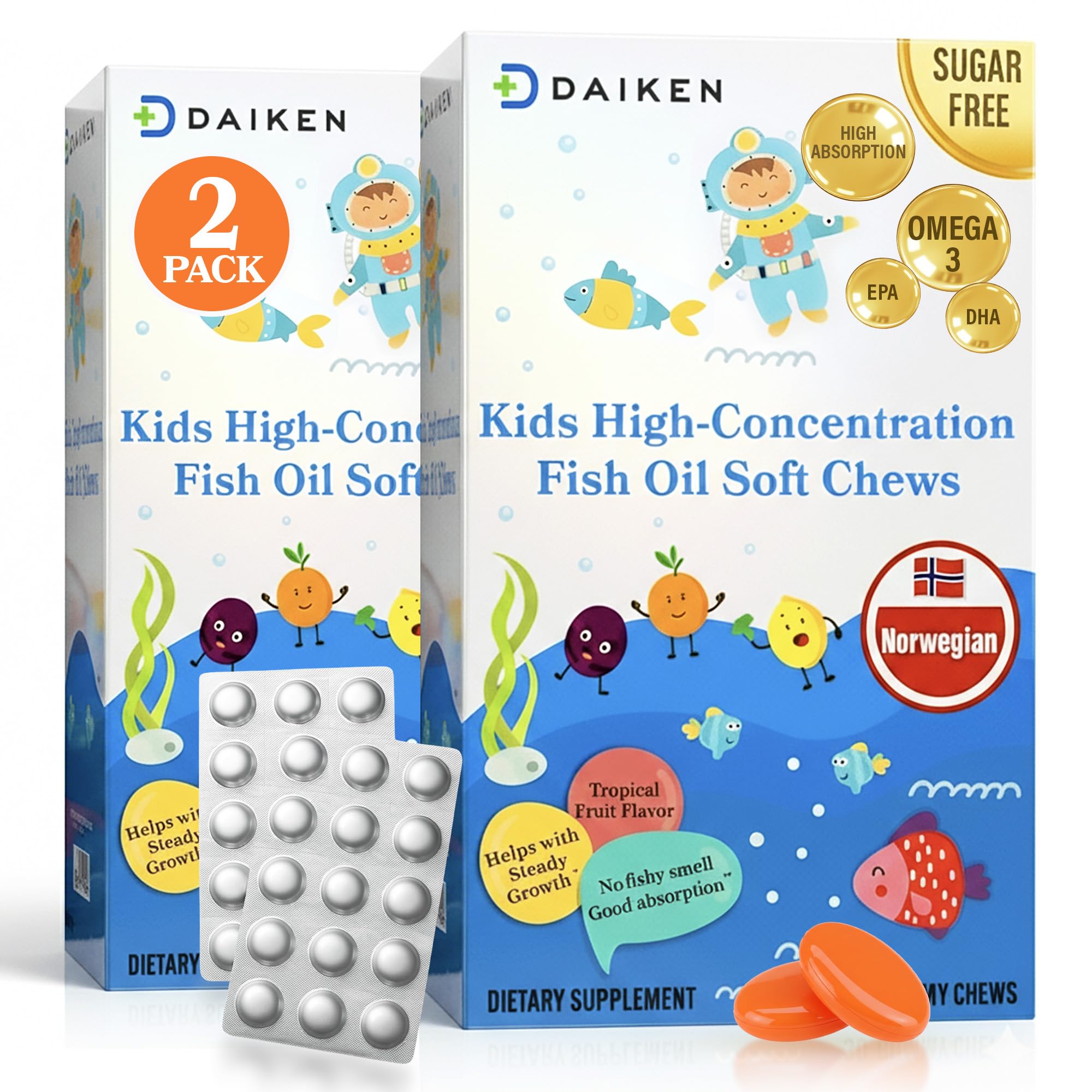 DAIKEN kids omega-3 gummies with tropical fruit flavor and 300 mg total omega-3s.