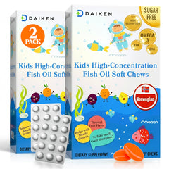 DAIKEN kids omega-3 gummies with tropical fruit flavor and 300 mg total omega-3s.