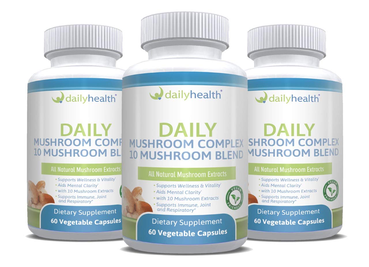 Daily Health 10 Mushroom Blend bottle ready for daily wellness and cognitive support