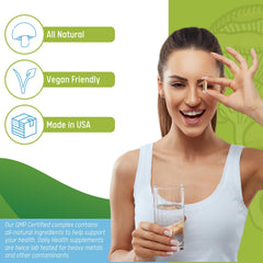 Daily Health 10 Mushroom Blend bottle with glass of water for daily use