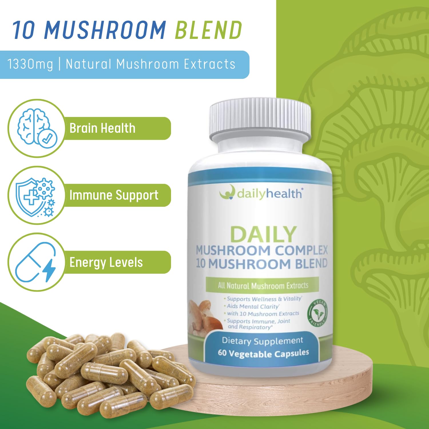 Daily Health 10 Mushroom Blend capsules spilling from bottle for immune and energy support