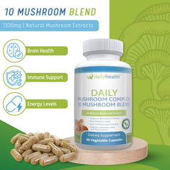 Daily Health 10 Mushroom Blend capsules spilling from bottle for immune and energy support