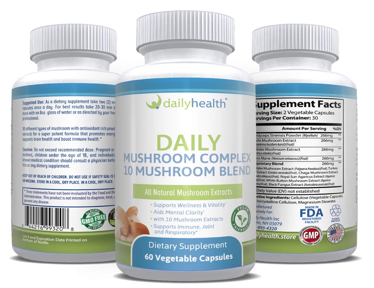 Daily Health 10 Mushroom Blend three-bottle pack display for three-month supply