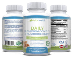 Daily Health 10 Mushroom Blend three-bottle pack display for three-month supply
