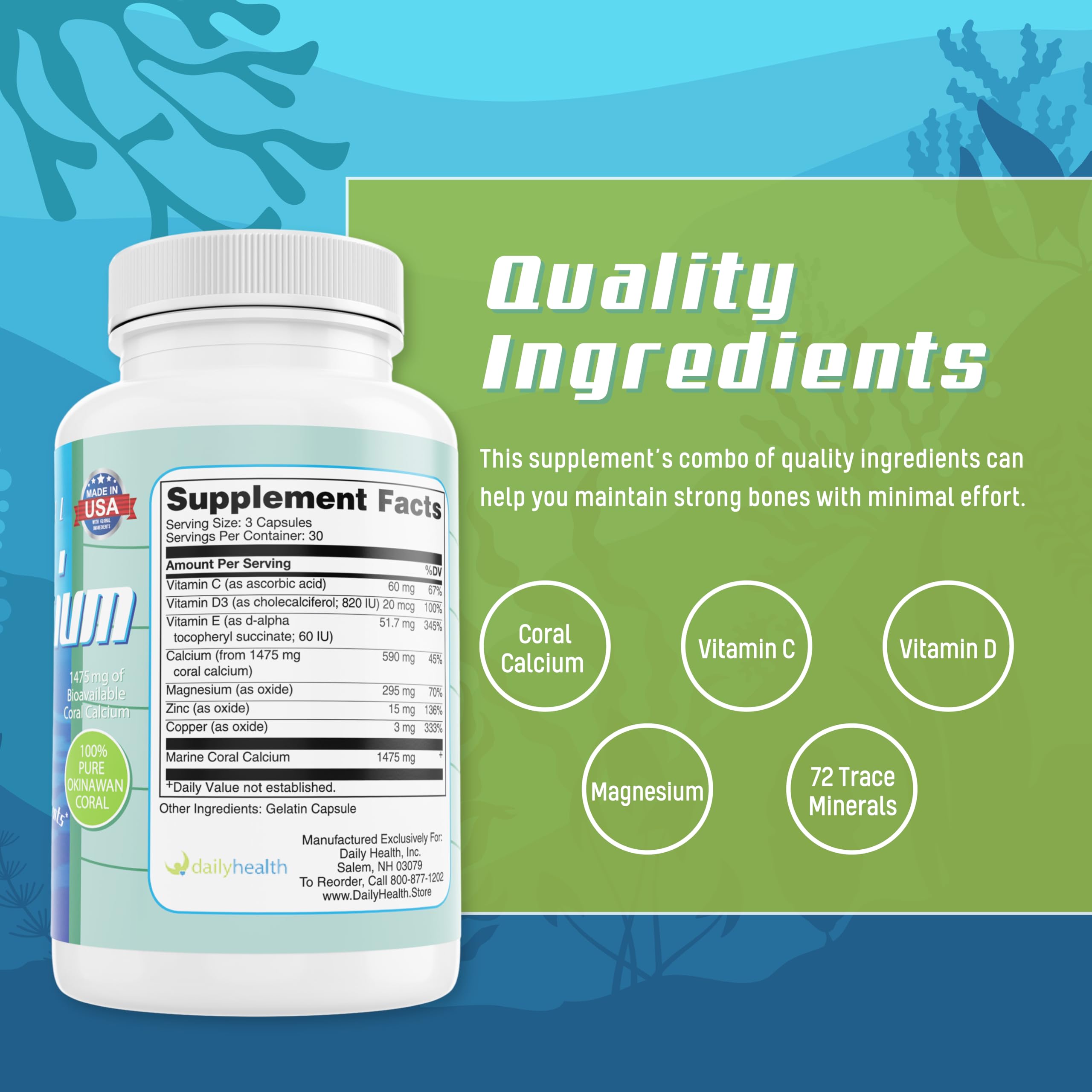 Daily Health 72 trace minerals capsules indicating comprehensive mineral support.