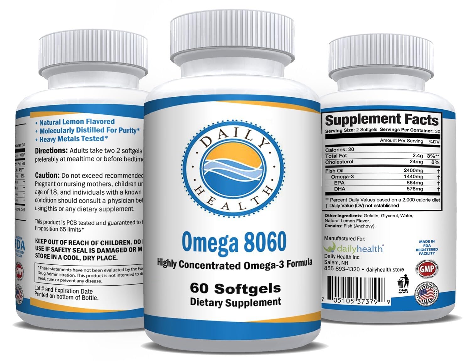 Daily Health Omega 8060 softgels image emphasizes easy-to-swallow capsules