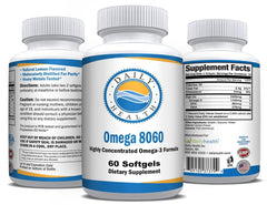Daily Health Omega 8060 softgels image emphasizes easy-to-swallow capsules
