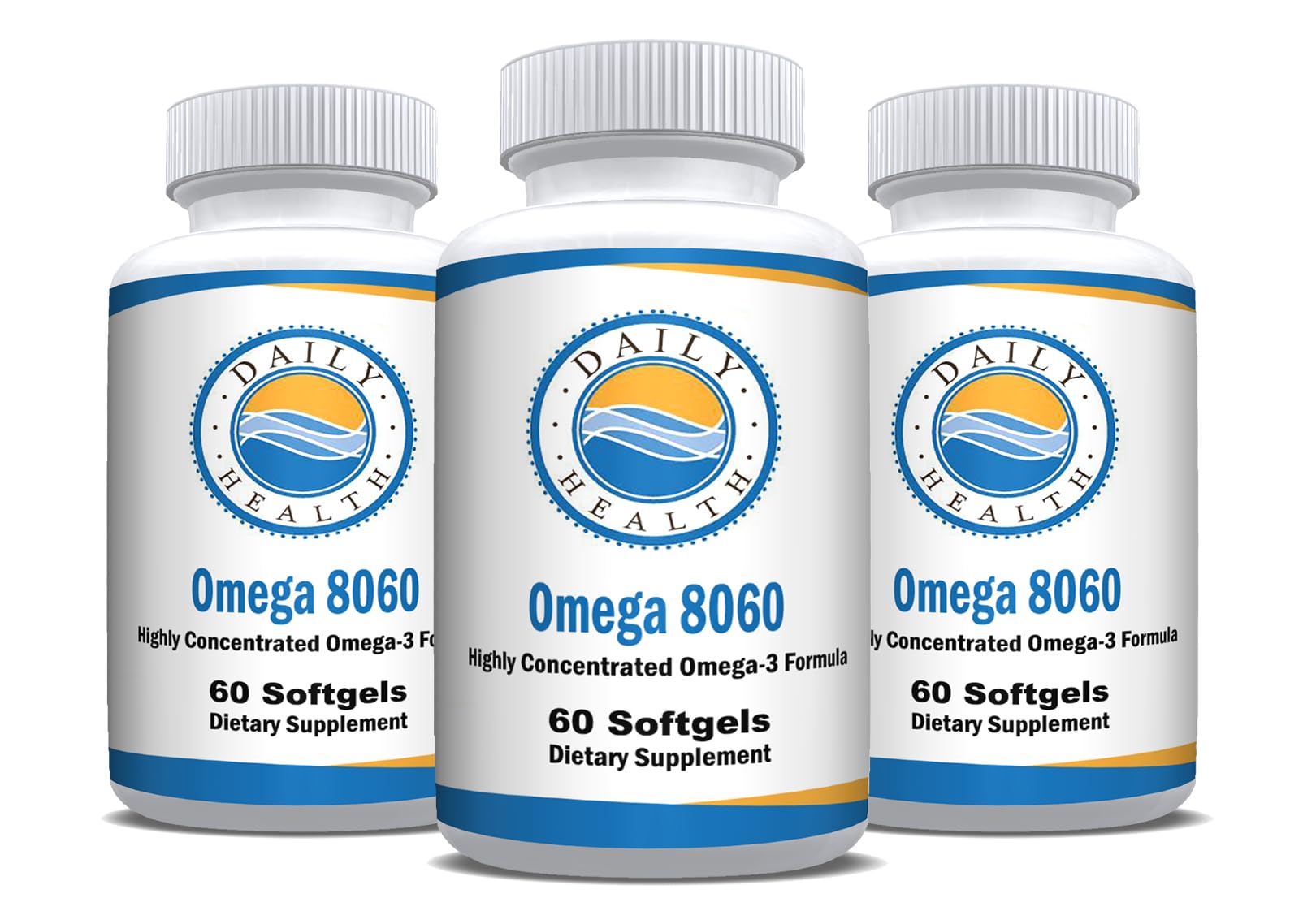 Daily Health Omega8060 bottle label close-up showing purity and lemon flavor for easy daily use