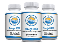 Daily Health Omega8060 bottle label close-up showing purity and lemon flavor for easy daily use