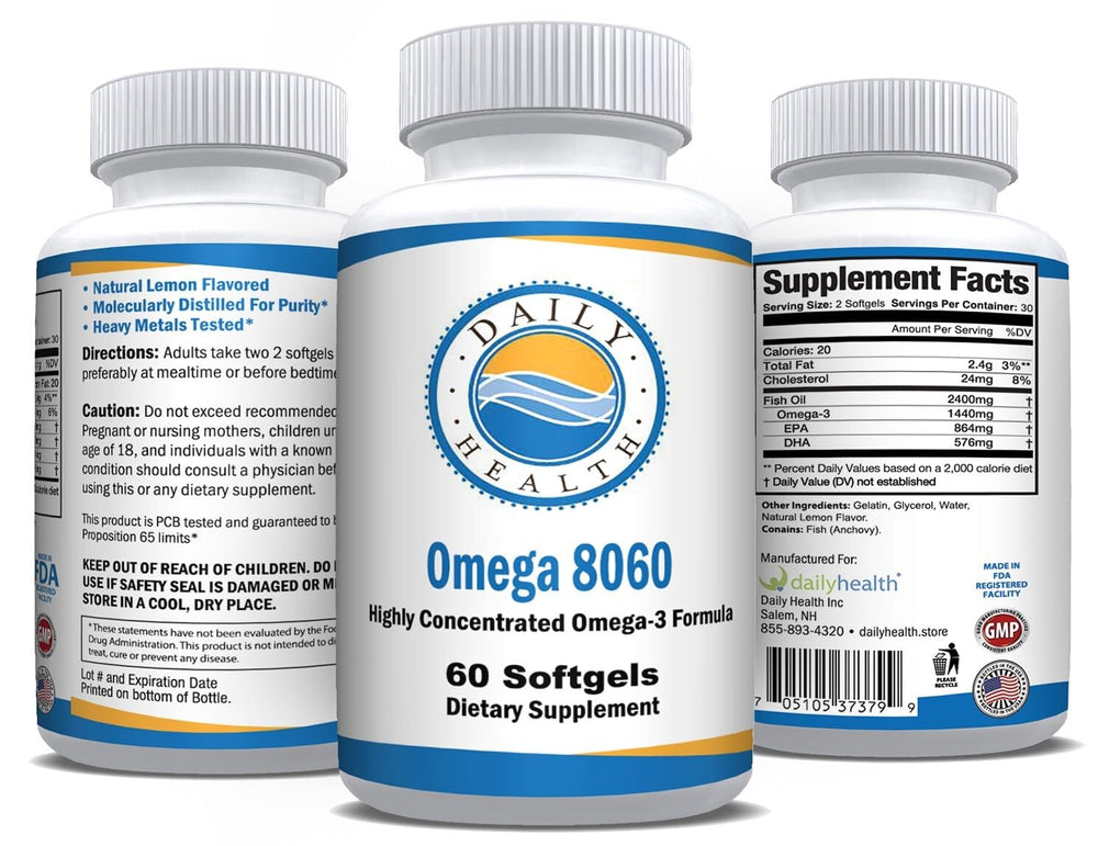 Daily Health Omega8060 pour shot illustrating measured dosage for convenient daily intake