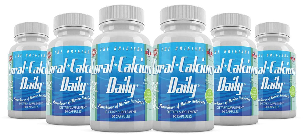 Daily Health Pure Okinawa Coral Calcium bottle, six-month supply, for easy daily use.
