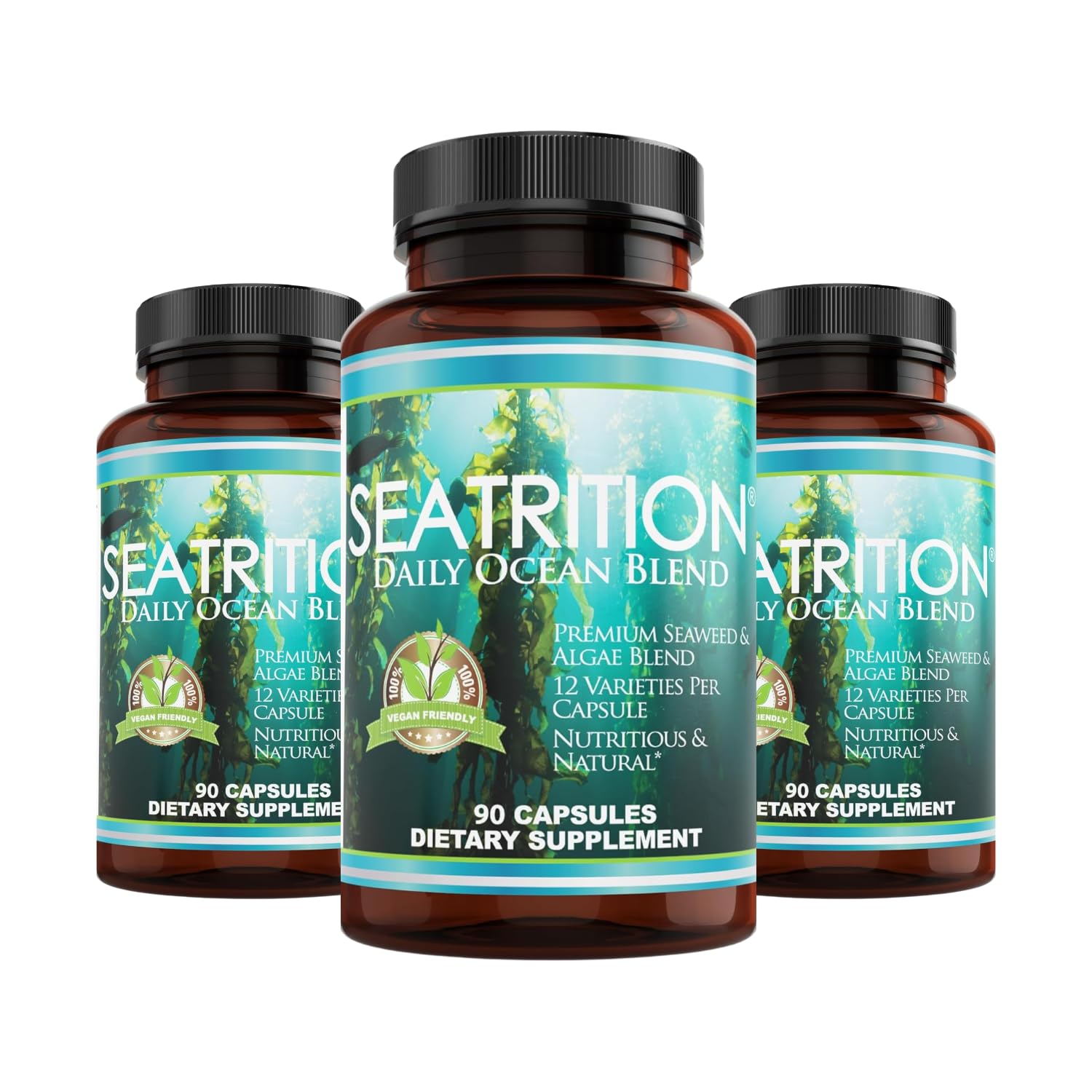 Daily Health Seatrition bottle front with seaweed blend for thyroid support.