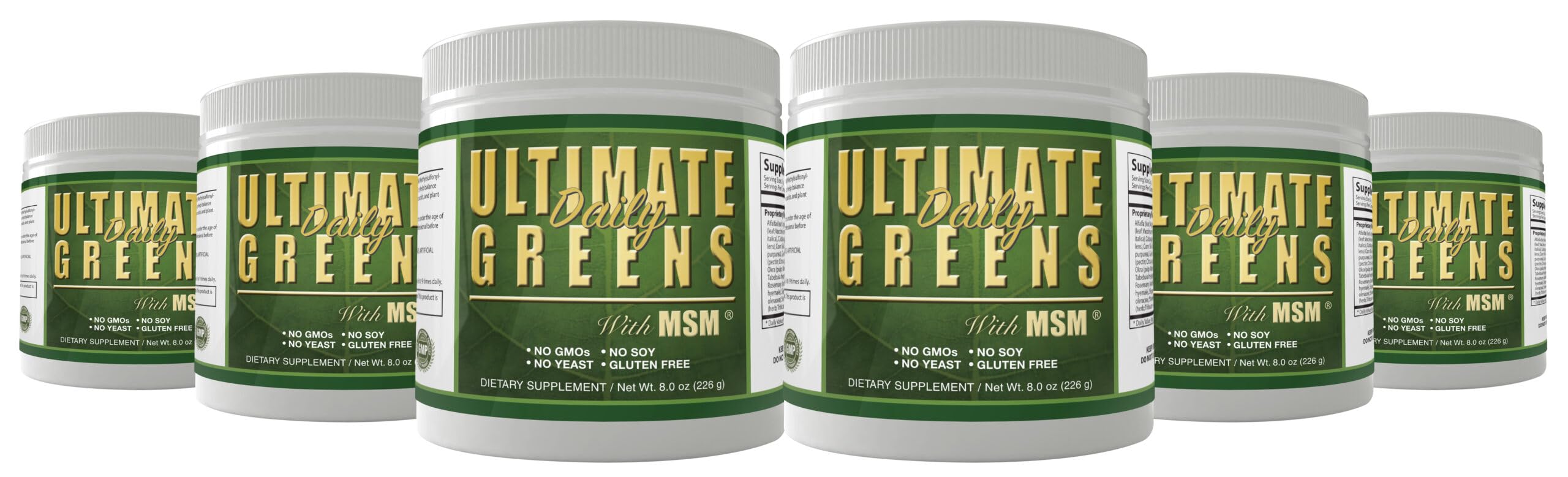 Daily Health Ultimate Daily Greens bottle highlighting vegan, gluten-free formula for daily nutrition