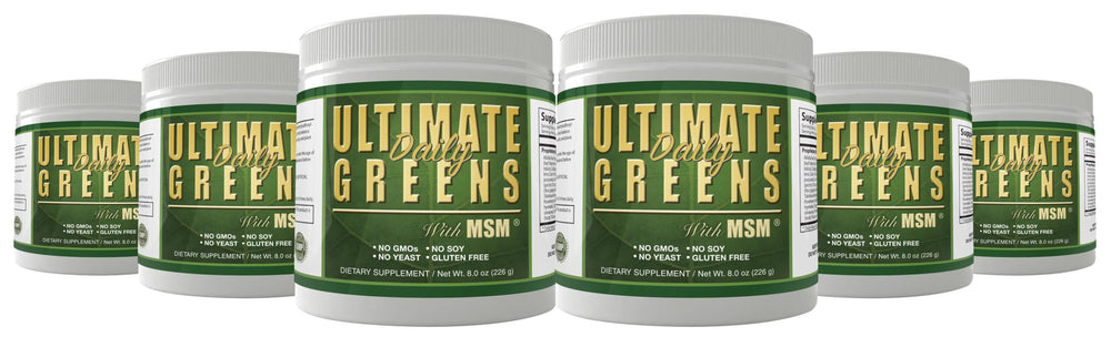 Daily Health Ultimate Daily Greens bottle highlighting vegan, gluten-free formula for daily nutrition