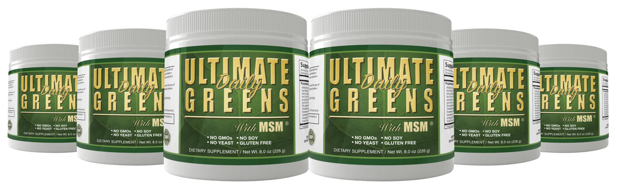 Daily Health Ultimate Daily Greens bottle highlighting vegan, gluten-free formula for daily nutrition